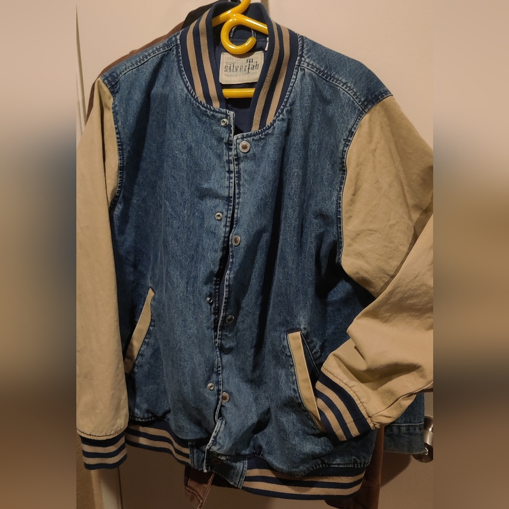 AWESOME OLD RARE VINTAGE LEVIS SILVER TAB DENIM & CANVAS JEAN LETTERMAN BOMBER